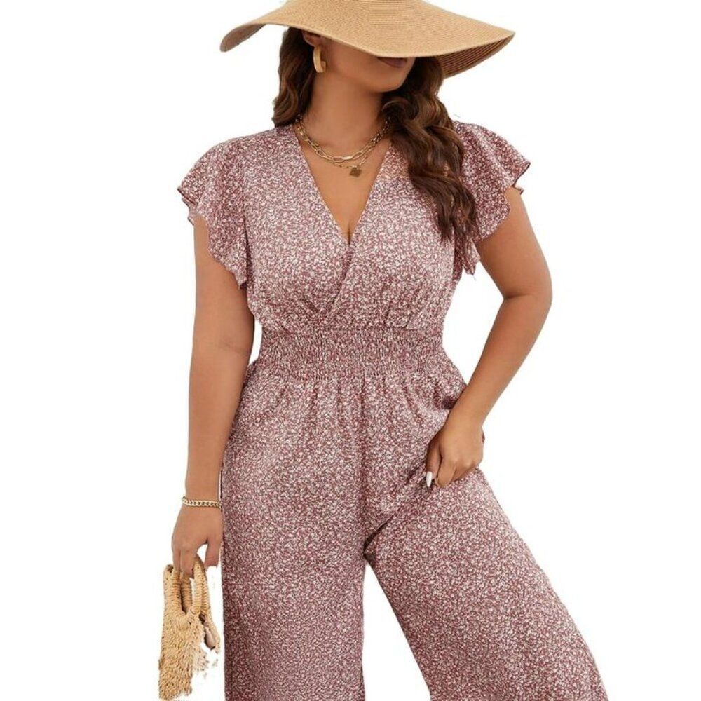 Boho Ditsy Floral Print V neck Shirt Sleeveless Dusty Pink Jumpsuit 4XL